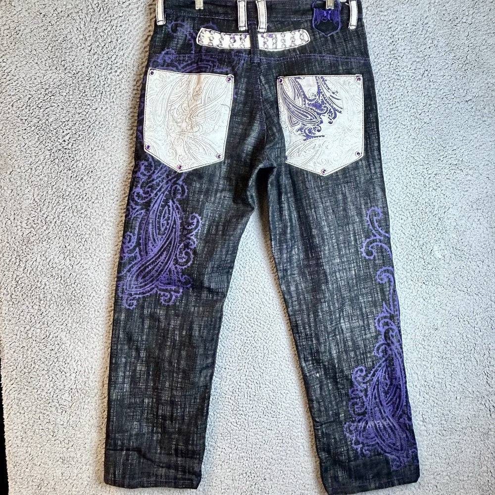 Y2K Streetwear Graphic Black Purple Denim Jeans 34x32 Baggy Wide Leg Rave Goth